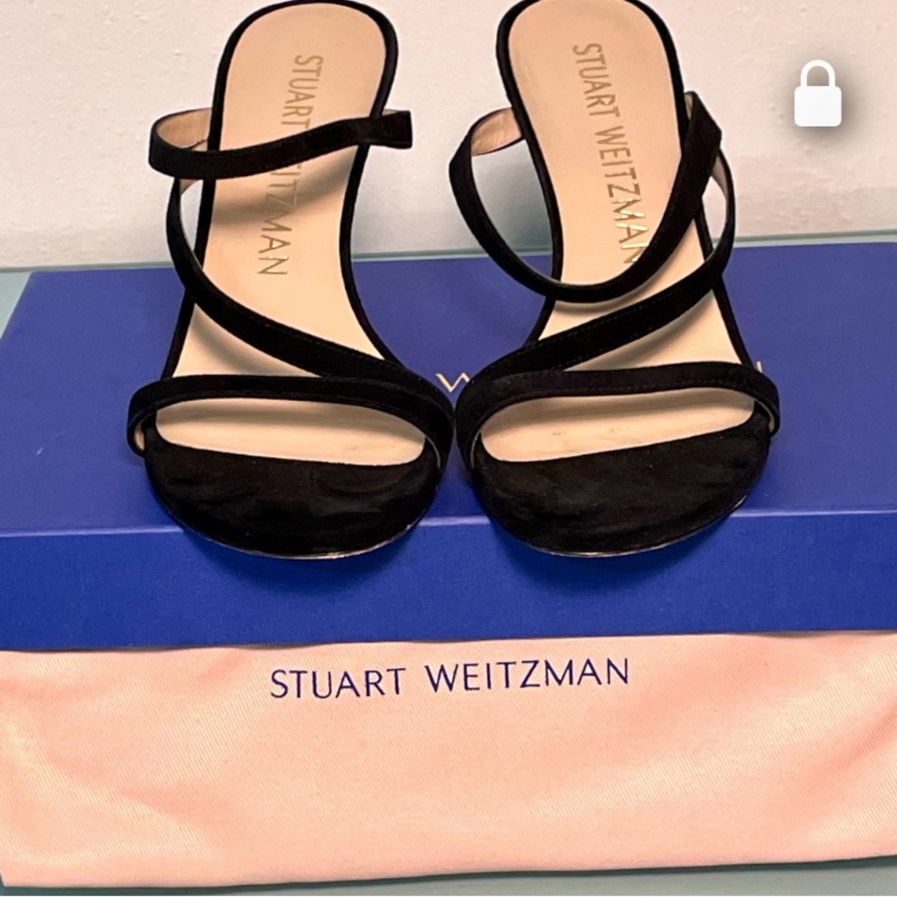 Stuart Weitzman little black suede sandals, low heel, perfect, in box. Sz9